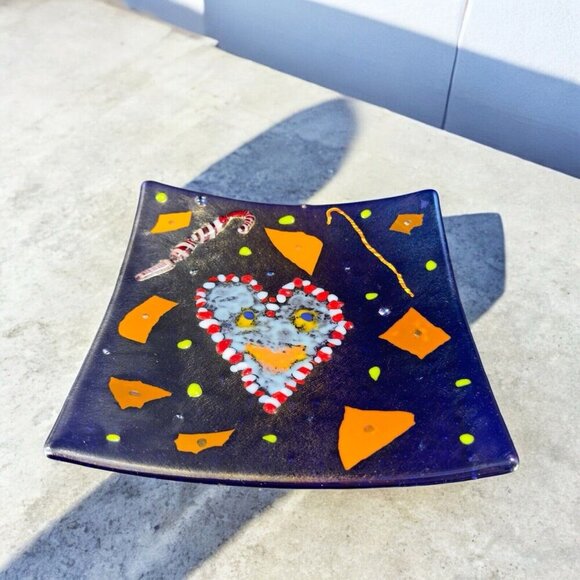 Hand Made Dichroic Fused Art Glass Square Dish Plate Christmas Decorated Vintage - Picture 2 of 15